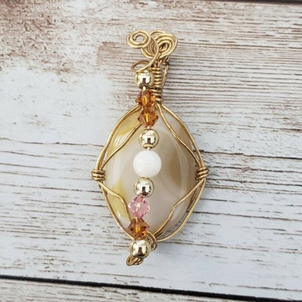Vintage Pendant Unusual Gold Tone & Stone Twisted Design - No Chain Included